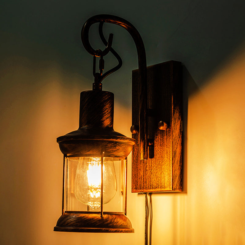 Sikunuo | Iron Lantern Wall Light Retro Style Single Bulb Restaurant Wall Lighting Fixture in Bronze