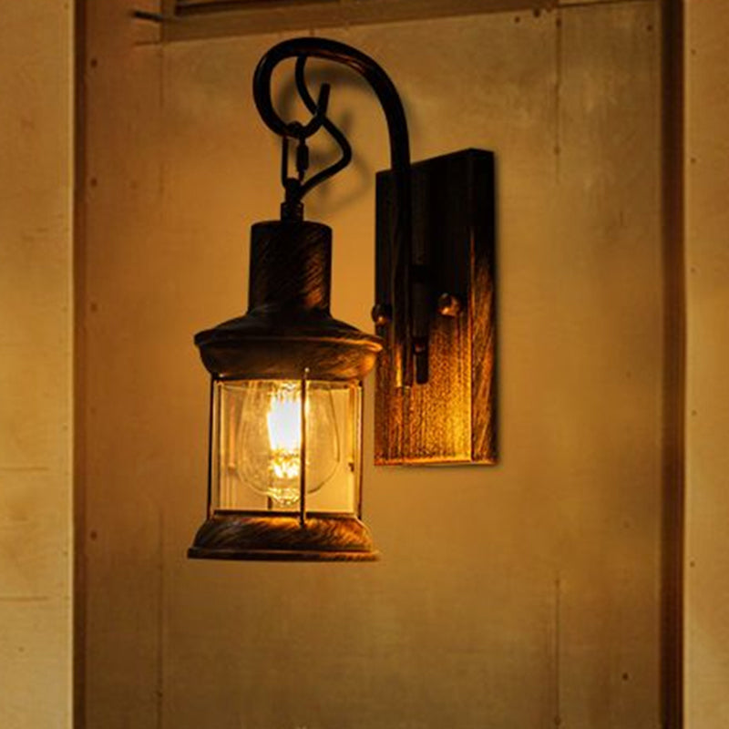 Sikunuo | Iron Lantern Wall Light Retro Style Single Bulb Restaurant Wall Lighting Fixture in Bronze
