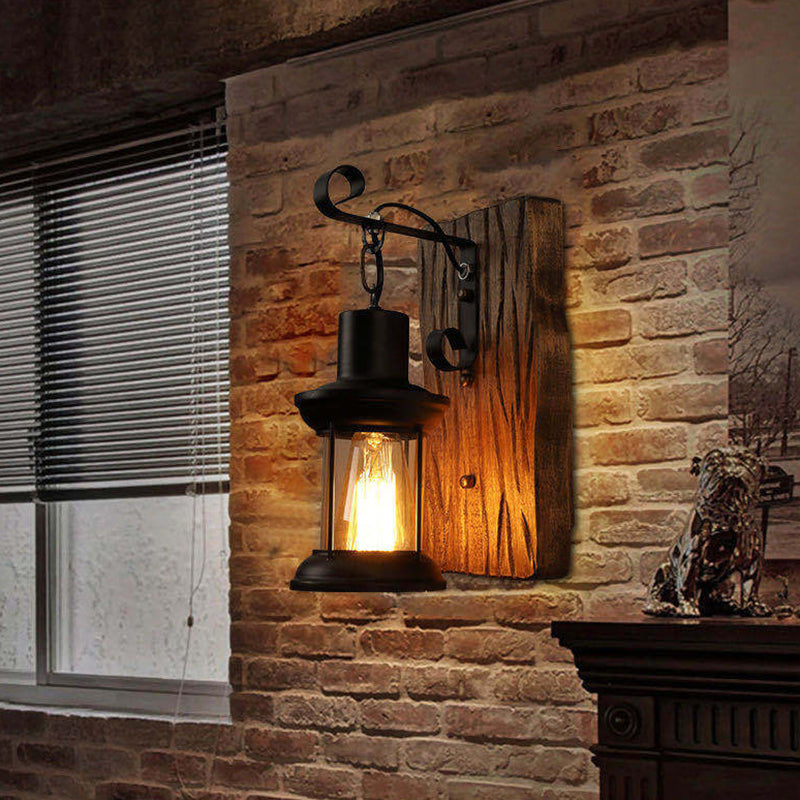 Sikunuo | Industrial Lantern Wall Mount Light 1-Light Iron Wall Light with Clear Glass Shade for Restaurant