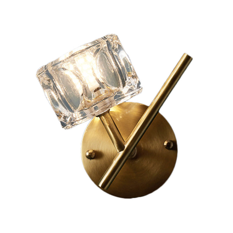 Sikunuo | 1/2-Light Bedroom Wall Lighting Contemporary Style Brass Finish with Square Clear Crystal Shade