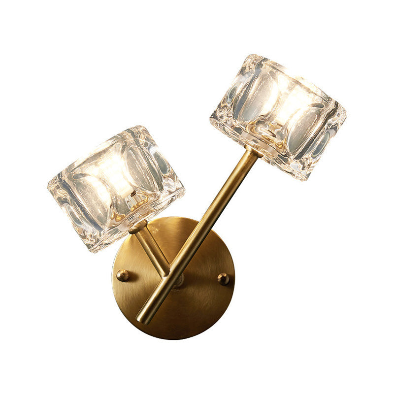 Sikunuo | 1/2-Light Bedroom Wall Lighting Contemporary Style Brass Finish with Square Clear Crystal Shade