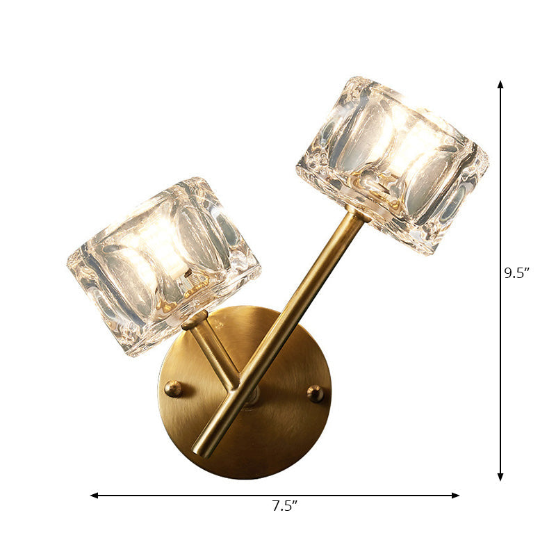 Sikunuo | 1/2-Light Bedroom Wall Lighting Contemporary Style Brass Finish with Square Clear Crystal Shade