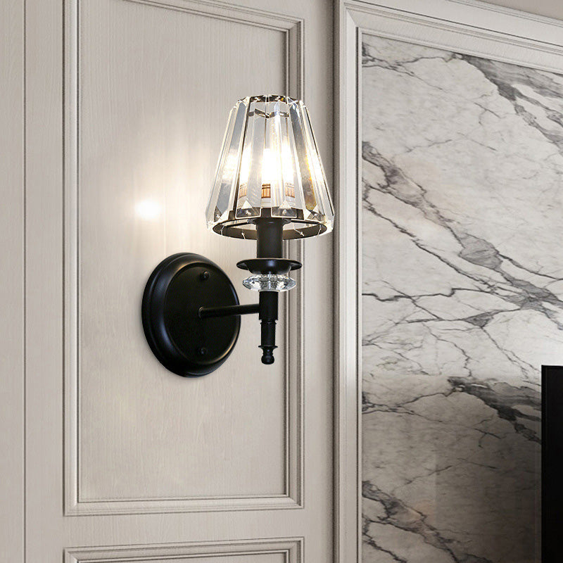 Sikunuo | Clear Crystal Cone Wall Mount Light Contemporary Style 1 Bulb Black Surface Wall Light for Bedroom