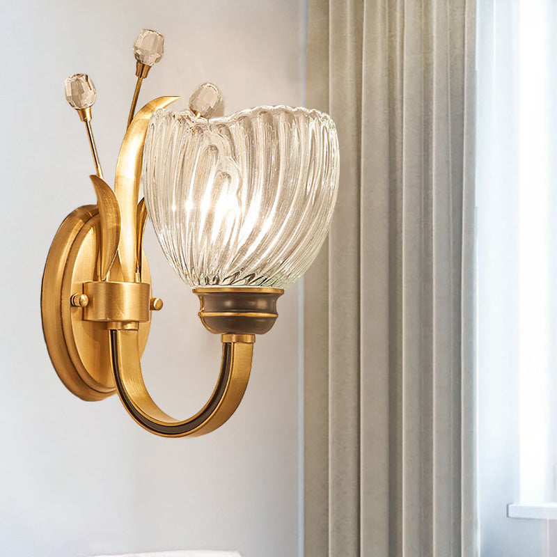 Sikunuo | Modernist 1/2-Light Wall Lighting with Clear Crystal Shade Brass Finish Wall Lamp for Living Room