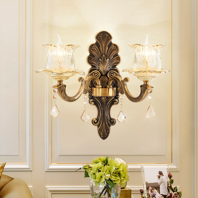 Sikunuo | 1/2-Light Living Room Wall Mount Lamp Vintage Style Brass Wall Light with Flower Clear Structured Glass Shade
