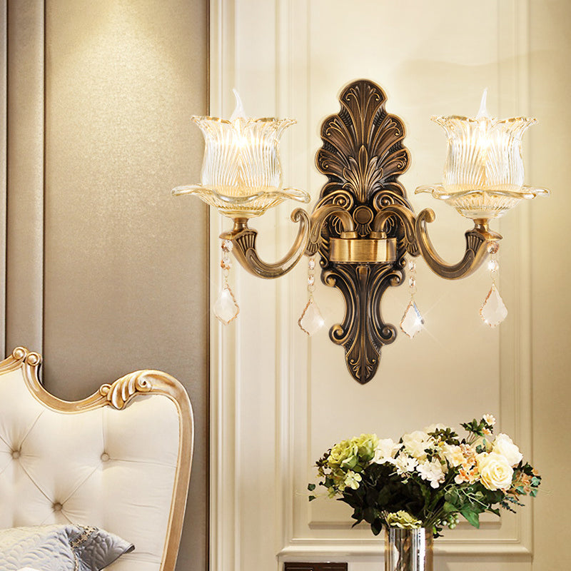 Sikunuo | 1/2-Light Living Room Wall Mount Lamp Vintage Style Brass Wall Light with Flower Clear Structured Glass Shade