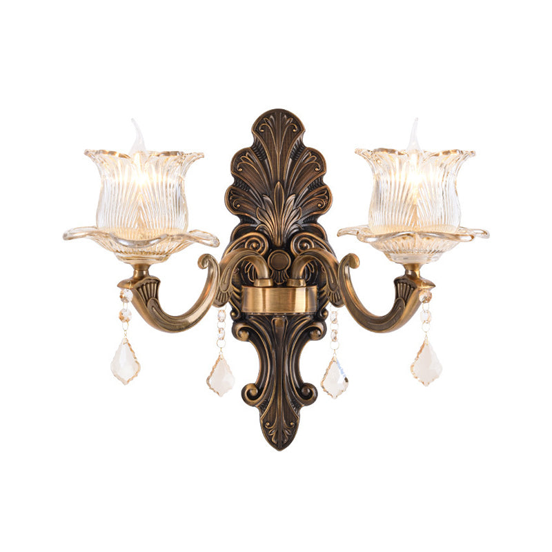 Sikunuo | 1/2-Light Living Room Wall Mount Lamp Vintage Style Brass Wall Light with Flower Clear Structured Glass Shade