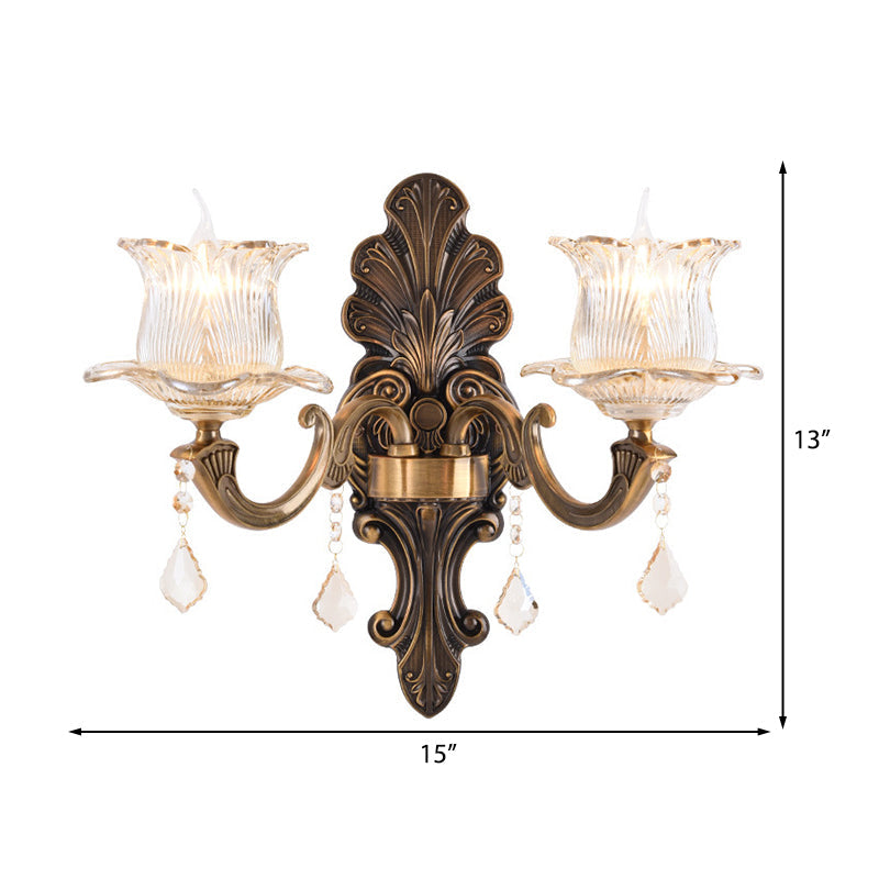 Sikunuo | 1/2-Light Living Room Wall Mount Lamp Vintage Style Brass Wall Light with Flower Clear Structured Glass Shade