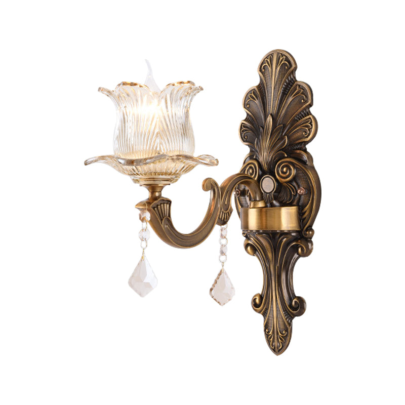 Sikunuo | 1/2-Light Living Room Wall Mount Lamp Vintage Style Brass Wall Light with Flower Clear Structured Glass Shade