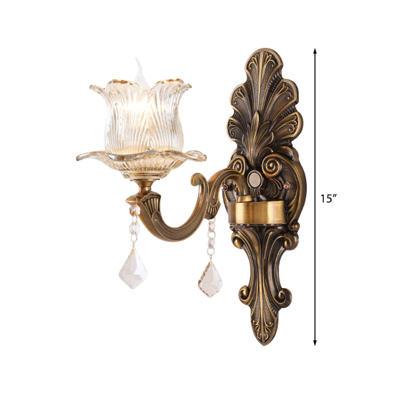 Sikunuo | 1/2-Light Living Room Wall Mount Lamp Vintage Style Brass Wall Light with Flower Clear Structured Glass Shade
