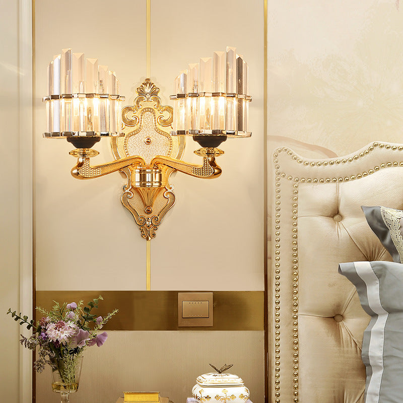 Sikunuo | Clear Crystal Block Wall Light Modern Style 1/2-Light Wall Lamp with Carved Back in Brass