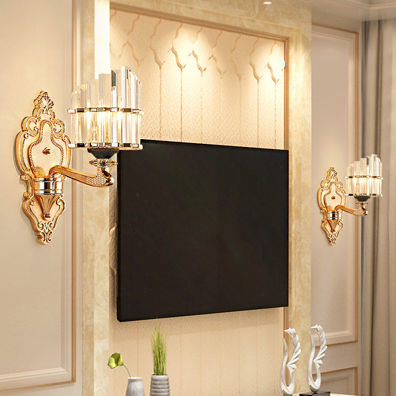Sikunuo | Clear Crystal Block Wall Light Modern Style 1/2-Light Wall Lamp with Carved Back in Brass
