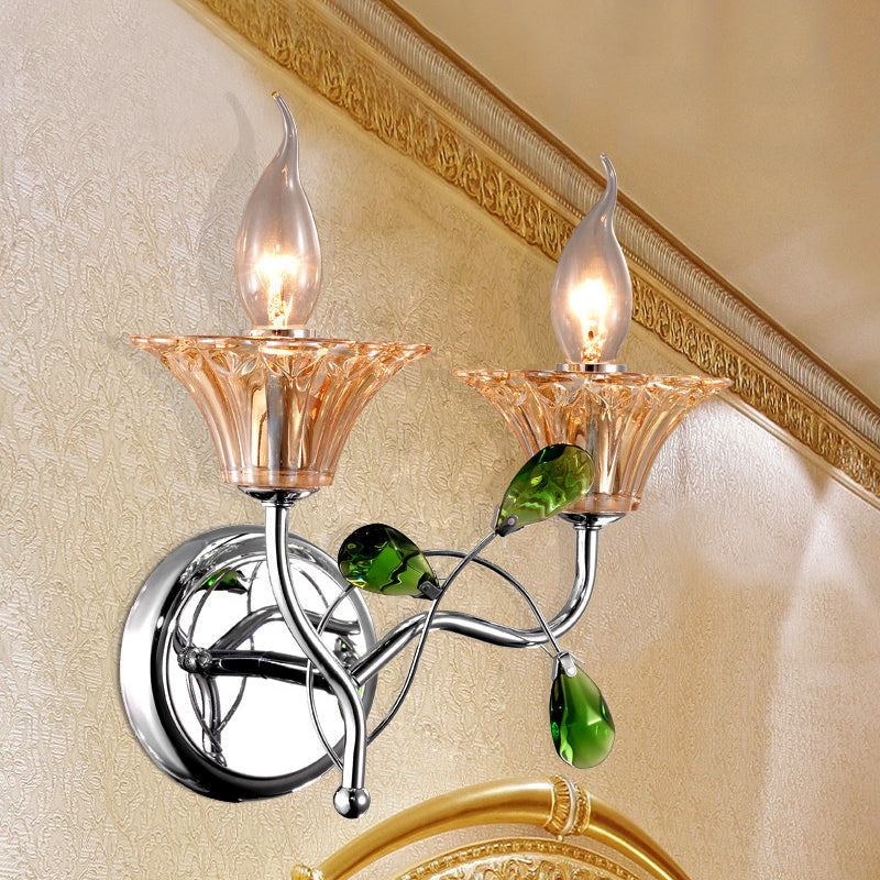 Sikunuo | Bell Amber Glass Wall Light Vintage Stylish 2 Light Chrome Wall Lamp with Green Drop Crystal Decor