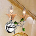 Sikunuo | Bell Amber Glass Wall Light Vintage Stylish 2 Light Chrome Wall Lamp with Green Drop Crystal Decor