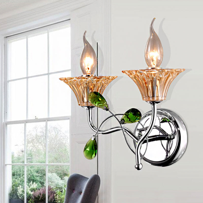 Sikunuo | Bell Amber Glass Wall Light Vintage Stylish 2 Light Chrome Wall Lamp with Green Drop Crystal Decor