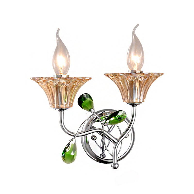 Sikunuo | Bell Amber Glass Wall Light Vintage Stylish 2 Light Chrome Wall Lamp with Green Drop Crystal Decor