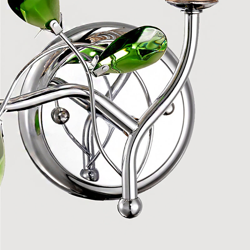 Sikunuo | Bell Amber Glass Wall Light Vintage Stylish 2 Light Chrome Wall Lamp with Green Drop Crystal Decor