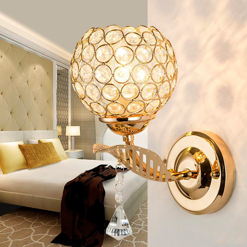 Sikunuo | 1 Bulb Corridor Wall Mounted Lighting Vintage Style Gold Wall Lamp with Global Clear Crystal Shade