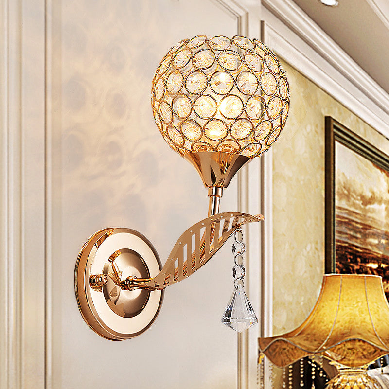 Sikunuo | 1 Bulb Corridor Wall Mounted Lighting Vintage Style Gold Wall Lamp with Global Clear Crystal Shade