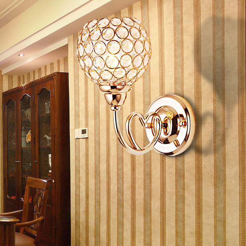 Sikunuo | Globe Clear Crystal Wall Light Modern 1 Head Gold Finish Wall Lamp with Metal Heart Shaped Arm