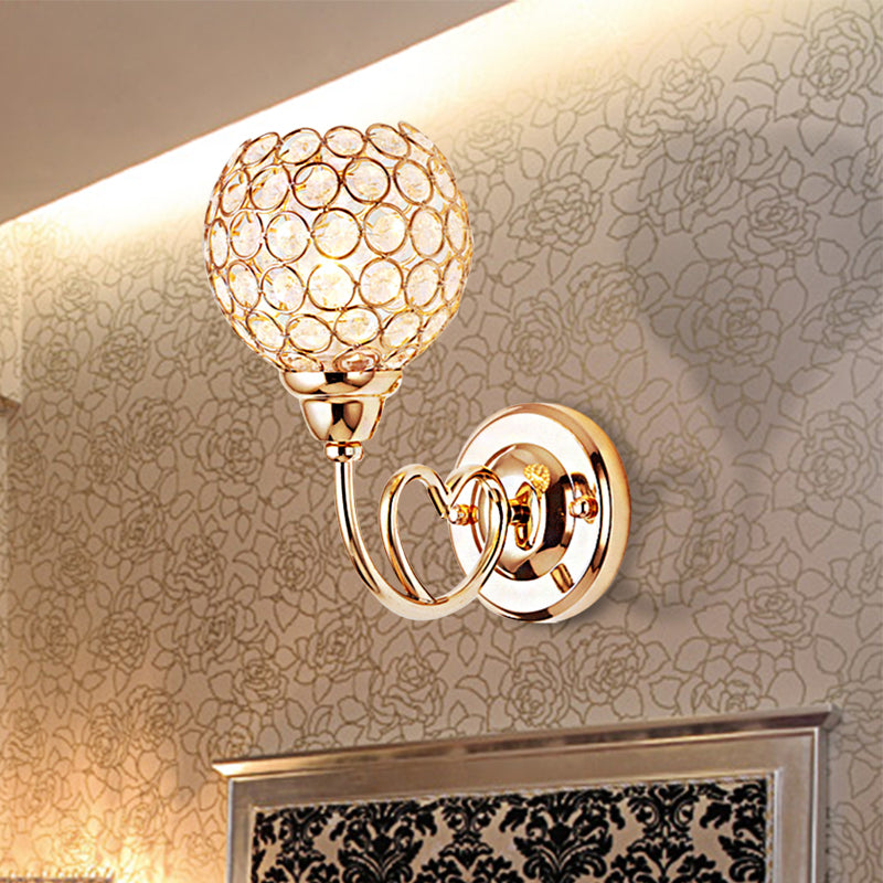 Sikunuo | Globe Clear Crystal Wall Light Modern 1 Head Gold Finish Wall Lamp with Metal Heart Shaped Arm