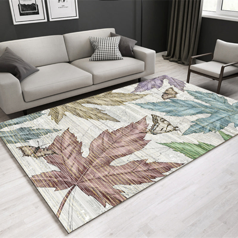 Sikunuo | Modern Plant Printed Carpet Multi-Color Polypropylene Area Rug Pet-Friendly Machine-Washable Rug for Room