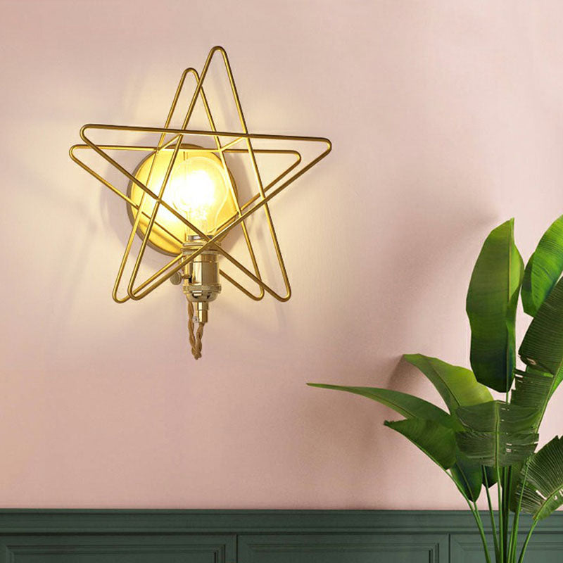 Sikunuo | Star Cage Metal Wall Lamp Simplicity 1 Bulb Nightstand Wall Light Fixture in Gold