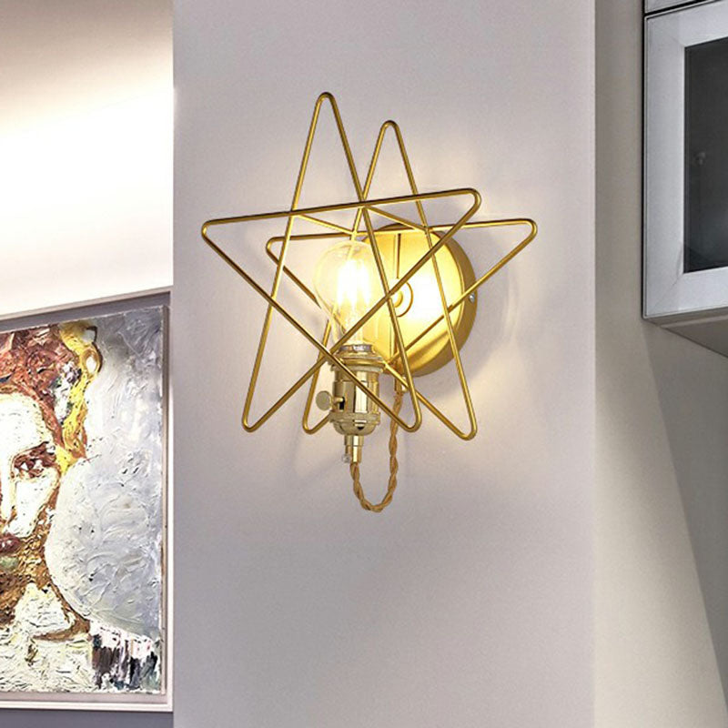 Sikunuo | Star Cage Metal Wall Lamp Simplicity 1 Bulb Nightstand Wall Light Fixture in Gold