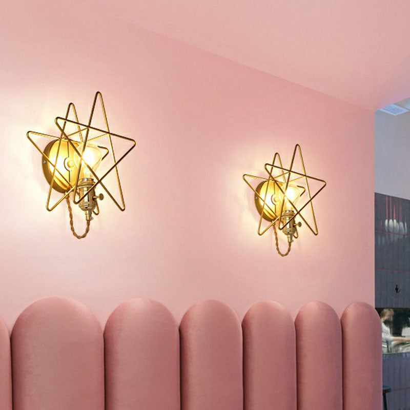 Sikunuo | Star Cage Metal Wall Lamp Simplicity 1 Bulb Nightstand Wall Light Fixture in Gold