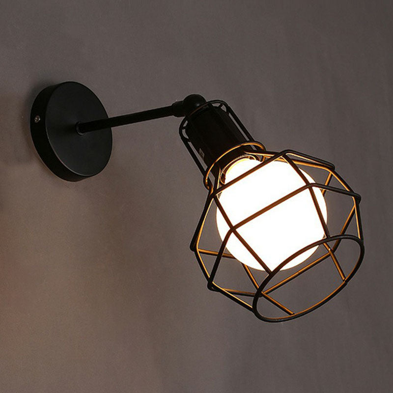 Sikunuo | Iron Cage Wall Light Retro Style 1 Head Living Room Wall Lighting Lamp in Black