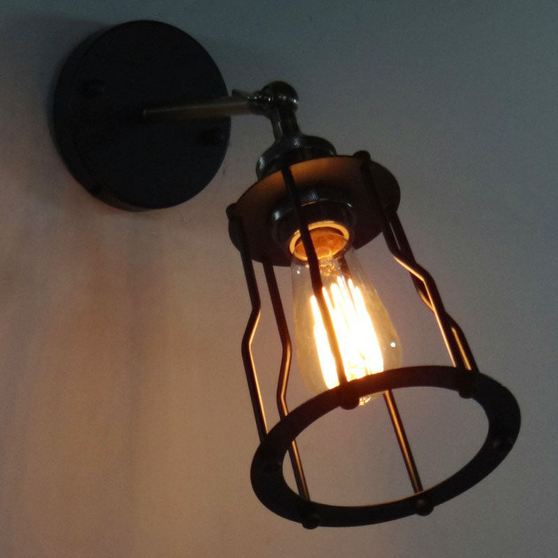Sikunuo | Iron Cage Wall Light Retro Style 1 Head Living Room Wall Lighting Lamp in Black