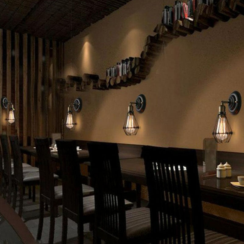 Sikunuo | One-bulb wall-mounted light industrial pear cage iron wall light fixture in black