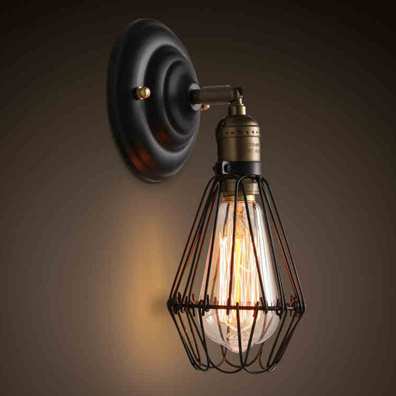Sikunuo | One-bulb wall-mounted light industrial pear cage iron wall light fixture in black