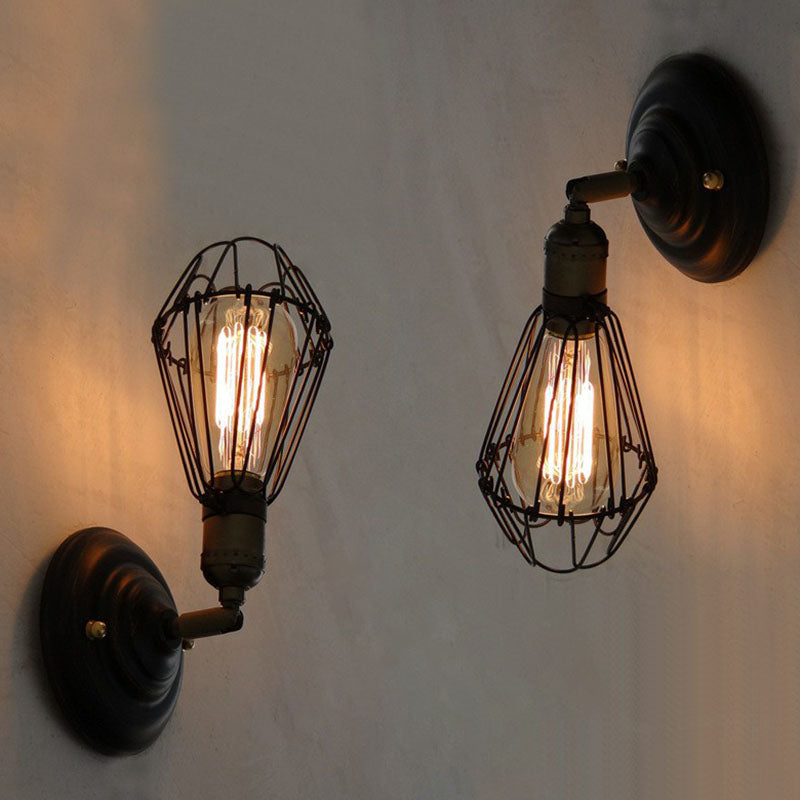 Sikunuo | One-bulb wall-mounted light industrial pear cage iron wall light fixture in black
