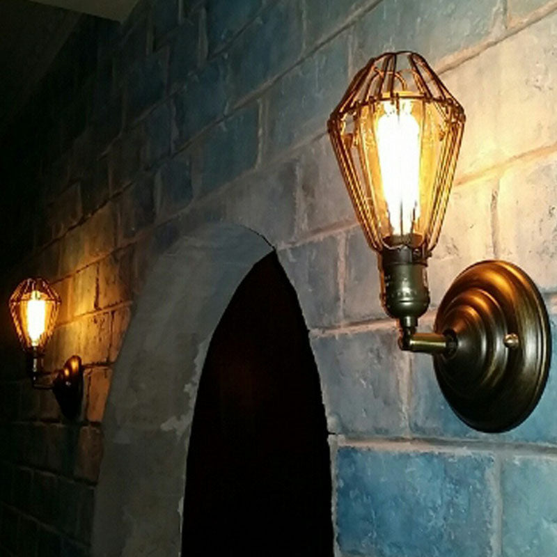 Sikunuo | One-bulb wall-mounted light industrial pear cage iron wall light fixture in black