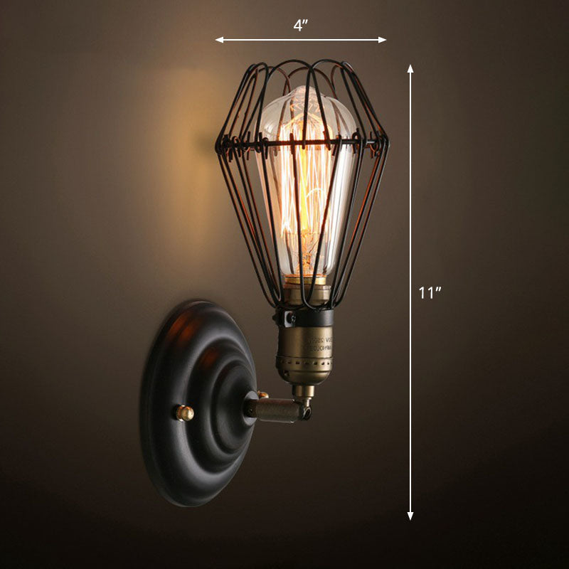 Sikunuo | One-bulb wall-mounted light industrial pear cage iron wall light fixture in black