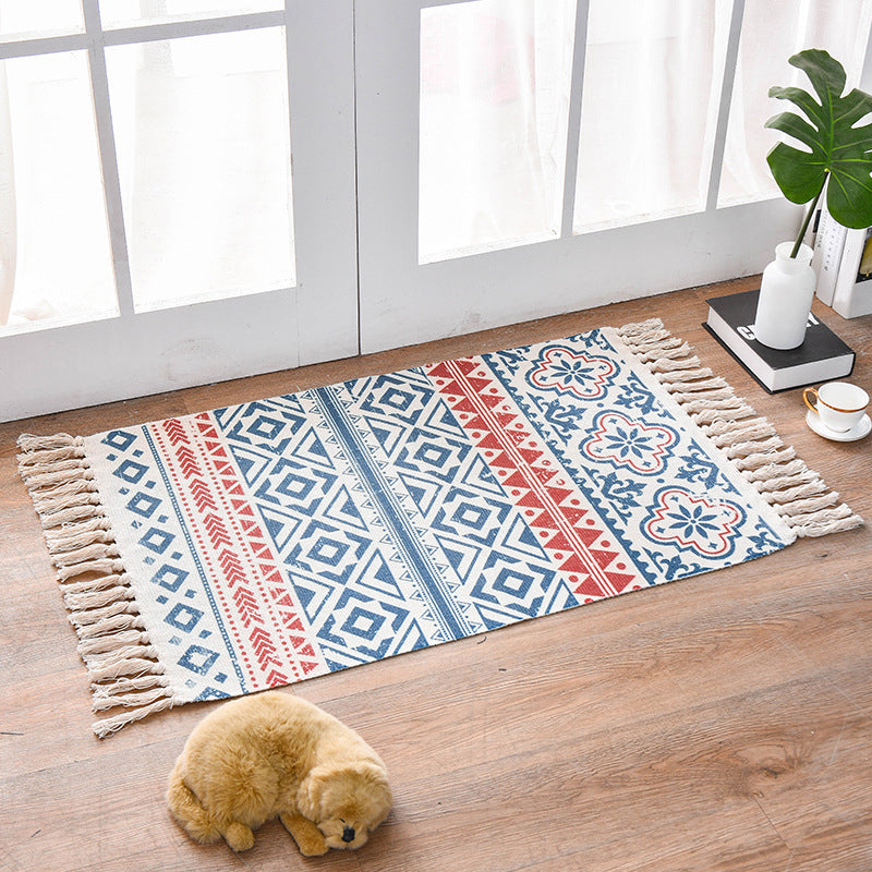 Sikunuo | Southwestern Bedroom Rug Multicolor Geometric Print Rug Polypropylene Machine Washable Rug with Fringes