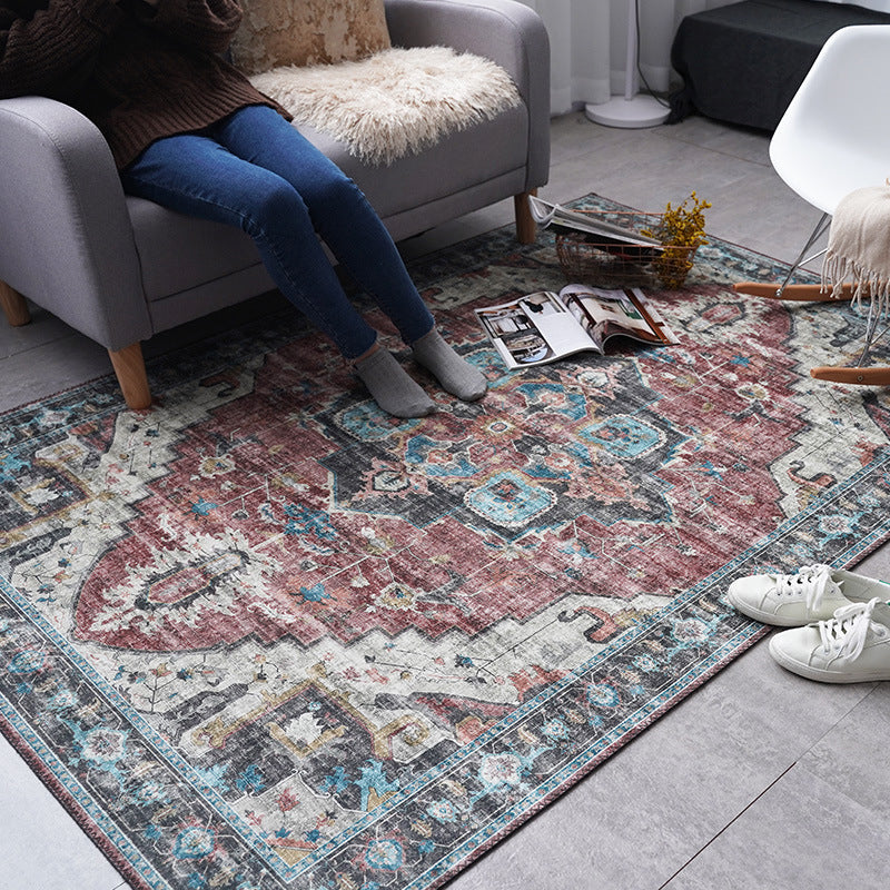 Sikunuo | Retro Floral Print Rug Multicolored Rustic Area Rug Polypropylene Easy Care Non-Slip Backing Rug for Room