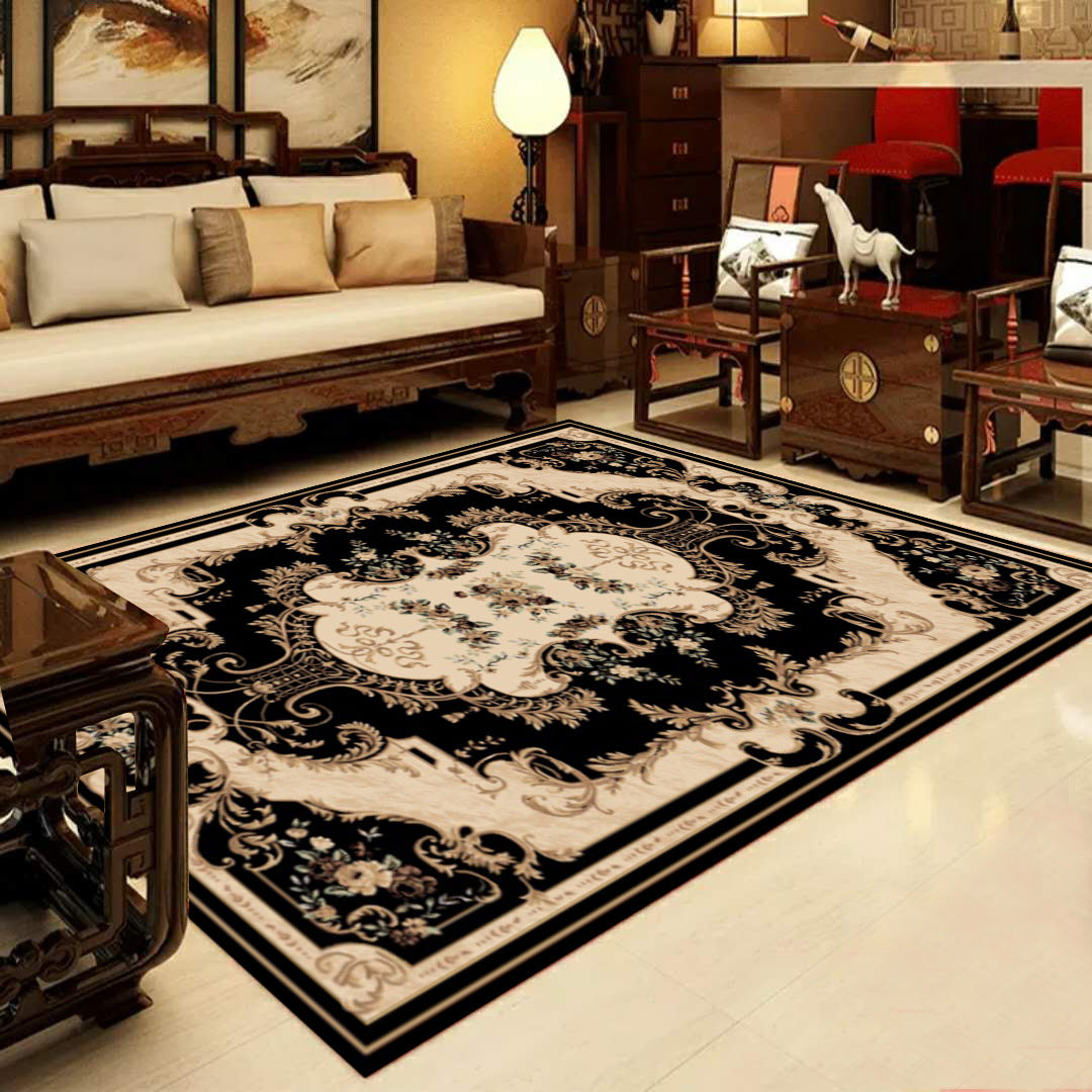 Sikunuo | Retro Multicolored Western Rug Synthetic Flower Design Area Rug Non-Slip Washable Rug for Living Room