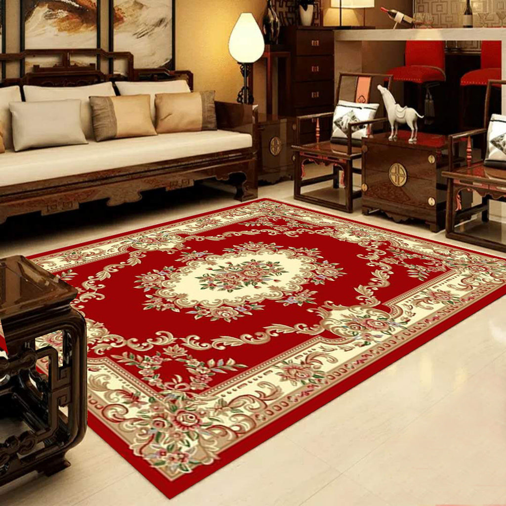 Sikunuo | Retro Multicolored Western Rug Synthetic Flower Design Area Rug Non-Slip Washable Rug for Living Room