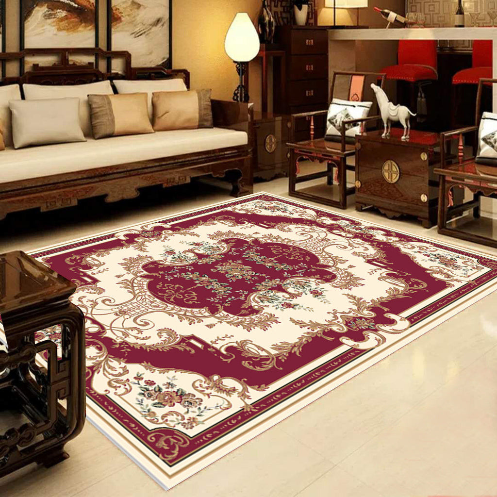 Sikunuo | Retro Multicolored Western Rug Synthetic Flower Design Area Rug Non-Slip Washable Rug for Living Room