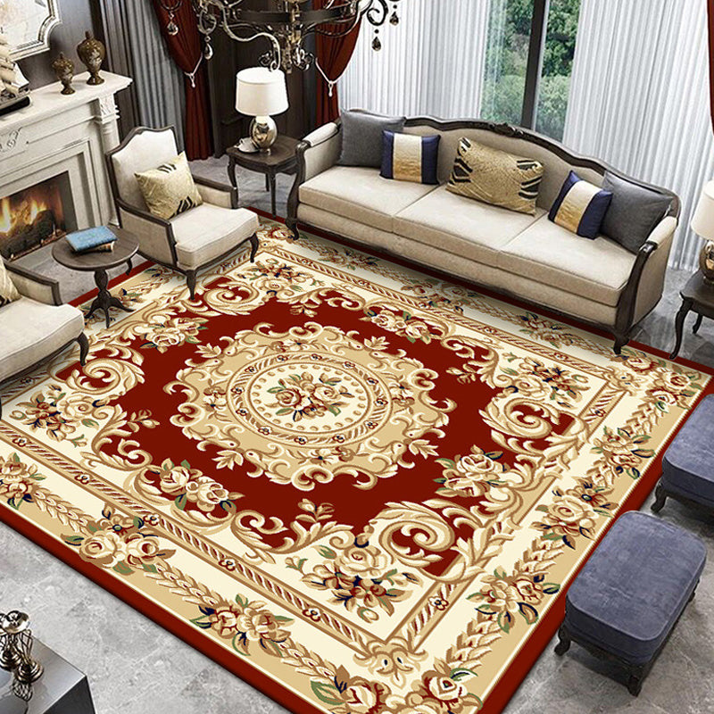 Sikunuo | Retro Living Room Rug Multicolor Floral Indoor Rug Polypropylene Pet-Friendly Washable Easy Care Rug