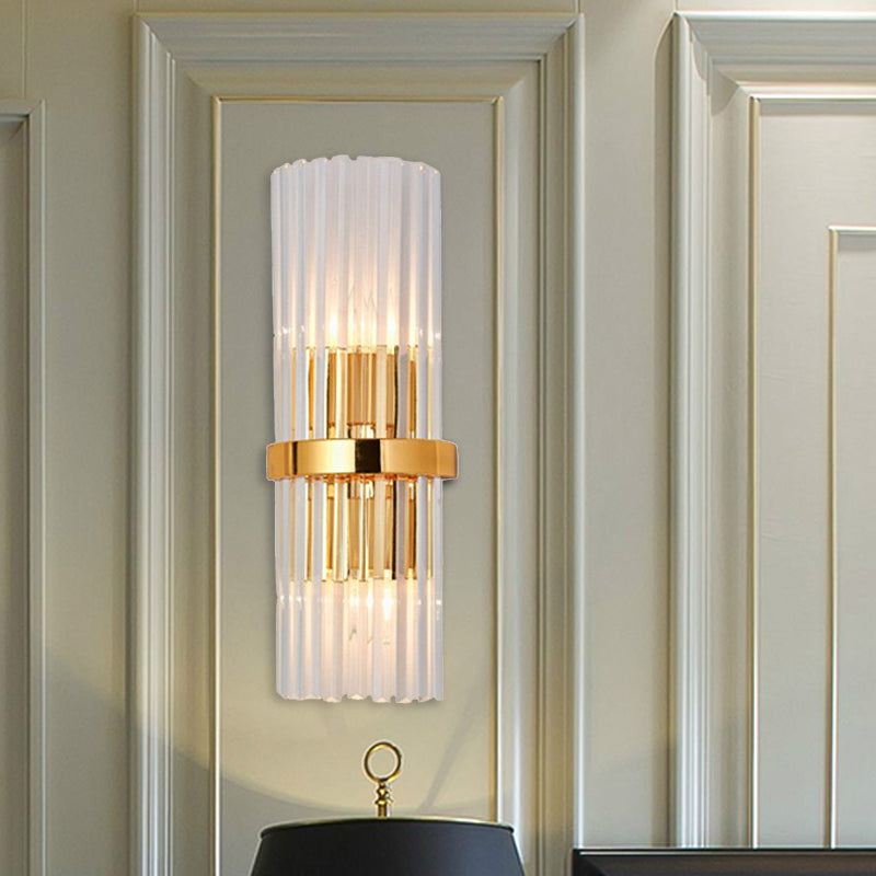 Sikunuo | 2 Light Living Room Wall Mounted Lamp Modern Brass Finish Wall Light with Cylindrical Clear Crystal Shade