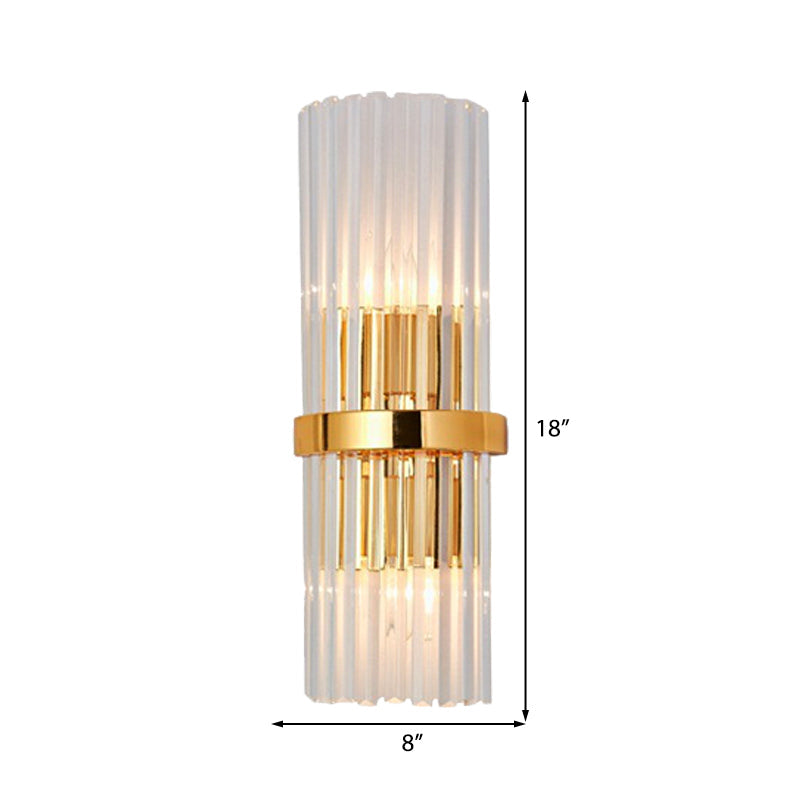 Sikunuo | 2 Light Living Room Wall Mounted Lamp Modern Brass Finish Wall Light with Cylindrical Clear Crystal Shade