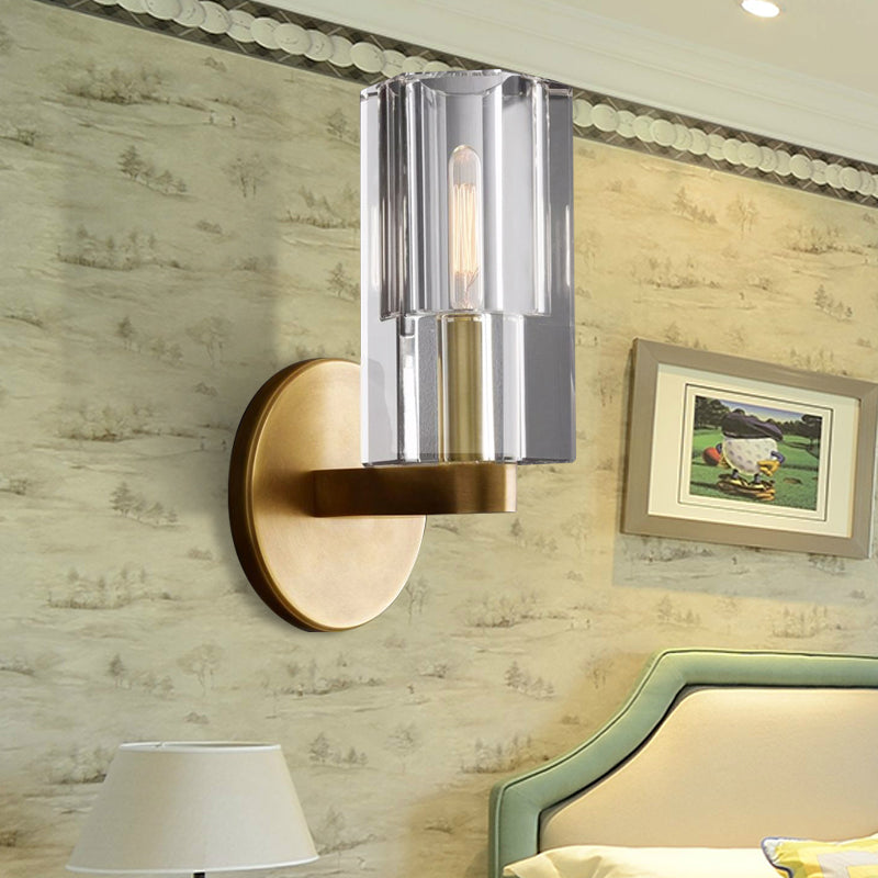 Sikunuo | Cylinder Clear Crystal Wall Lamp Modernist 1 Light Wall Sconce with Round Backplate in Brass