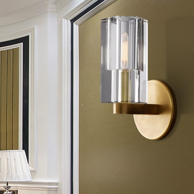 Sikunuo | Cylinder Clear Crystal Wall Lamp Modernist 1 Light Wall Sconce with Round Backplate in Brass