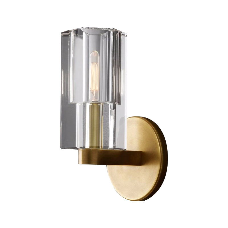 Sikunuo | Cylinder Clear Crystal Wall Lamp Modernist 1 Light Wall Sconce with Round Backplate in Brass