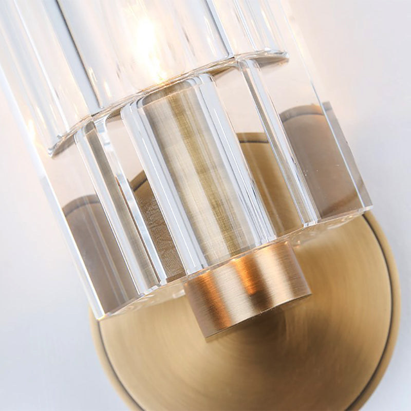 Sikunuo | Cylinder Clear Crystal Wall Lamp Modernist 1 Light Wall Sconce with Round Backplate in Brass