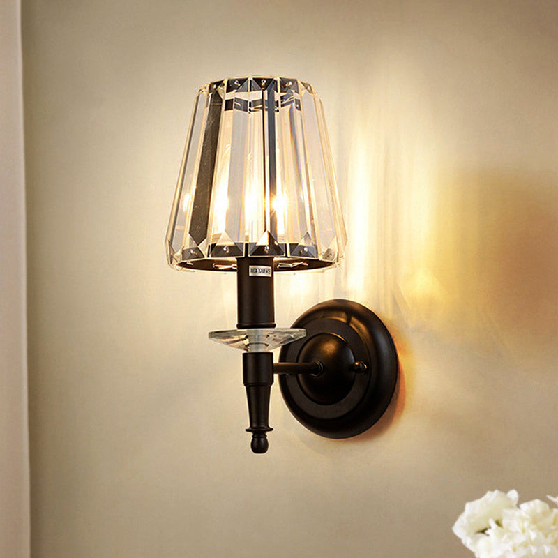 Sikunuo | Cone clear crystal wall light sconce contemporary 1 light black wall lamp with round metal backplate