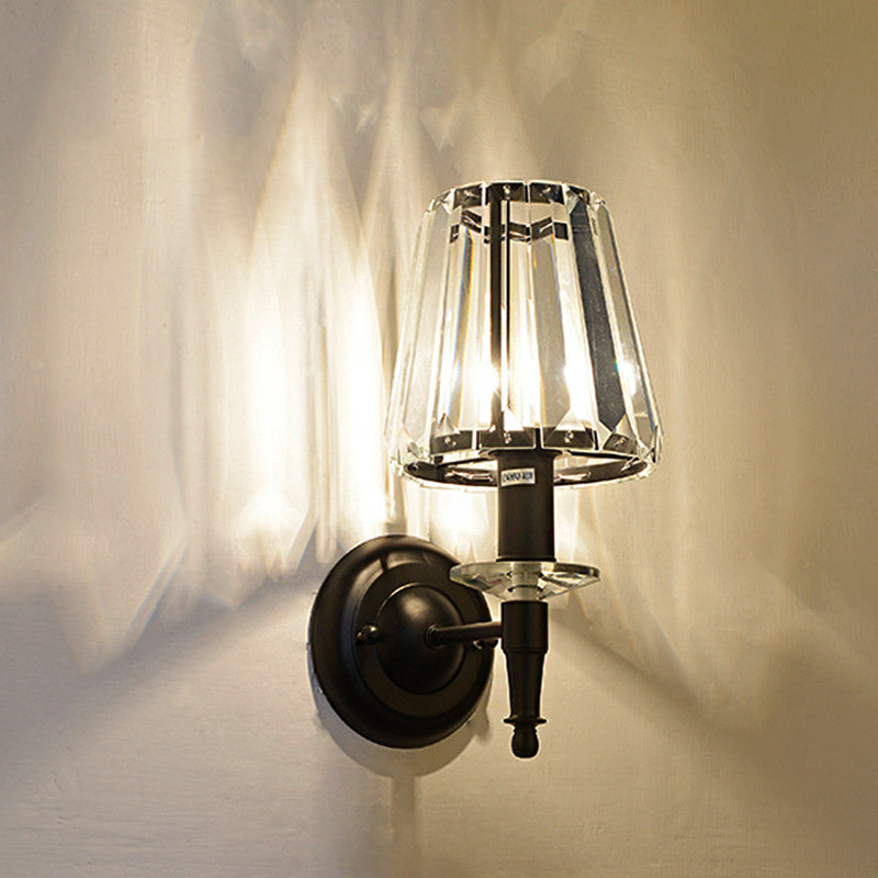 Sikunuo | Cone clear crystal wall light sconce contemporary 1 light black wall lamp with round metal backplate